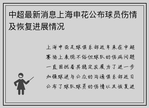 中超最新消息上海申花公布球员伤情及恢复进展情况