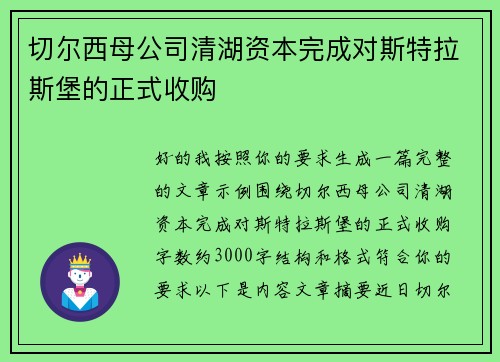 切尔西母公司清湖资本完成对斯特拉斯堡的正式收购