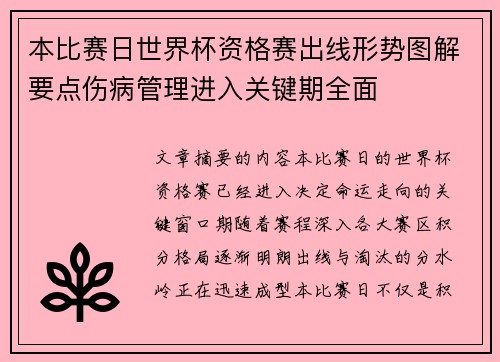 本比赛日世界杯资格赛出线形势图解要点伤病管理进入关键期全面 本比赛日世界杯资格赛出线形势图解要点伤病管理进入关键期全面